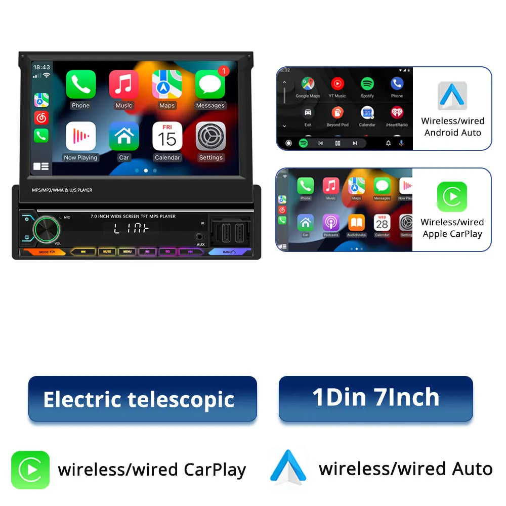 7-Inch Retractable Car Radio | Wireless CarPlay & Android Auto | MP5 Player | Bluetooth FM USB