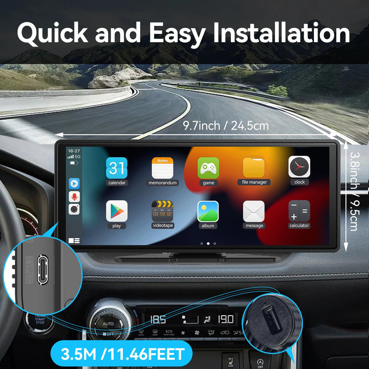 10.26" Portable CarPlay Screen | Wireless Apple CarPlay & Android Auto | Dash Cam | Touch Screen