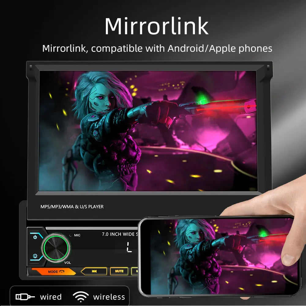 7-Inch Retractable Car Radio | Wireless CarPlay & Android Auto | MP5 Player | Bluetooth FM USB