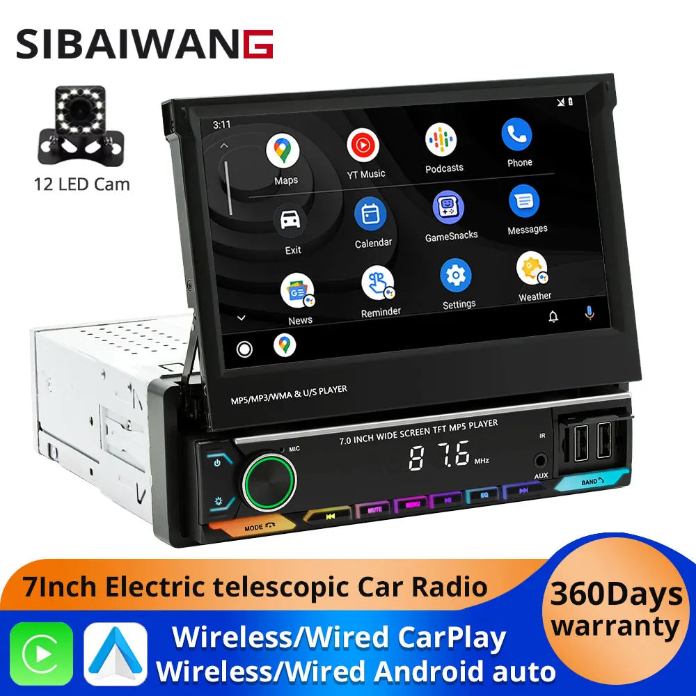7-Inch Retractable Car Radio | Wireless CarPlay & Android Auto | MP5 Player | Bluetooth FM USB