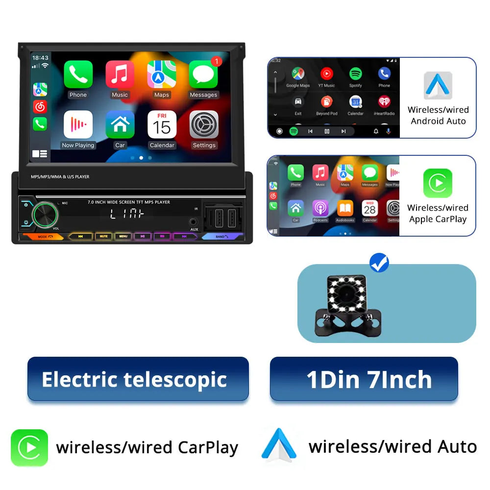 7-Inch Retractable Car Radio | Wireless CarPlay & Android Auto | MP5 Player | Bluetooth FM USB