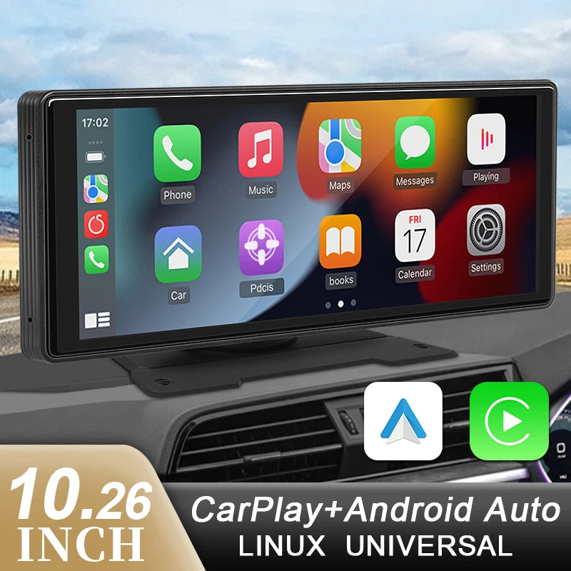 10.26-Inch Car Monitor | Wireless CarPlay & Android Auto | Bluetooth AUX USB | In-Dash Screen