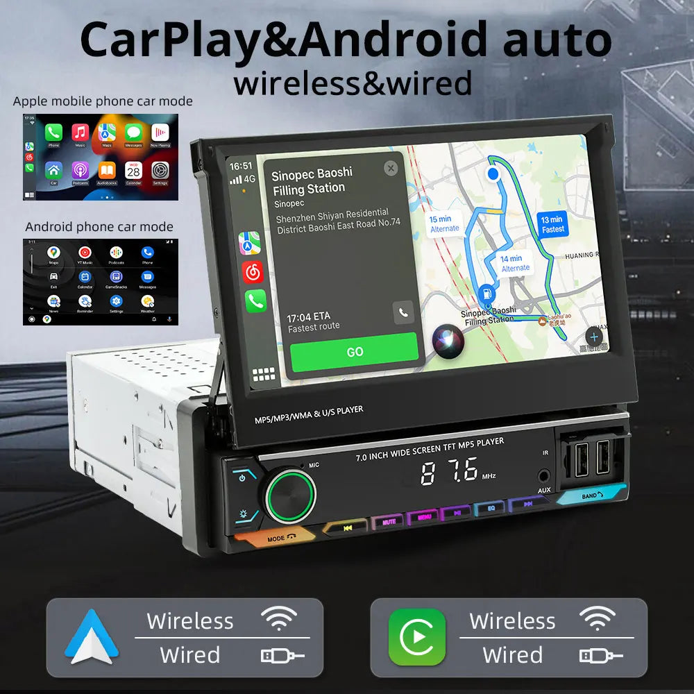 7-Inch Retractable Car Radio | Wireless CarPlay & Android Auto | MP5 Player | Bluetooth FM USB