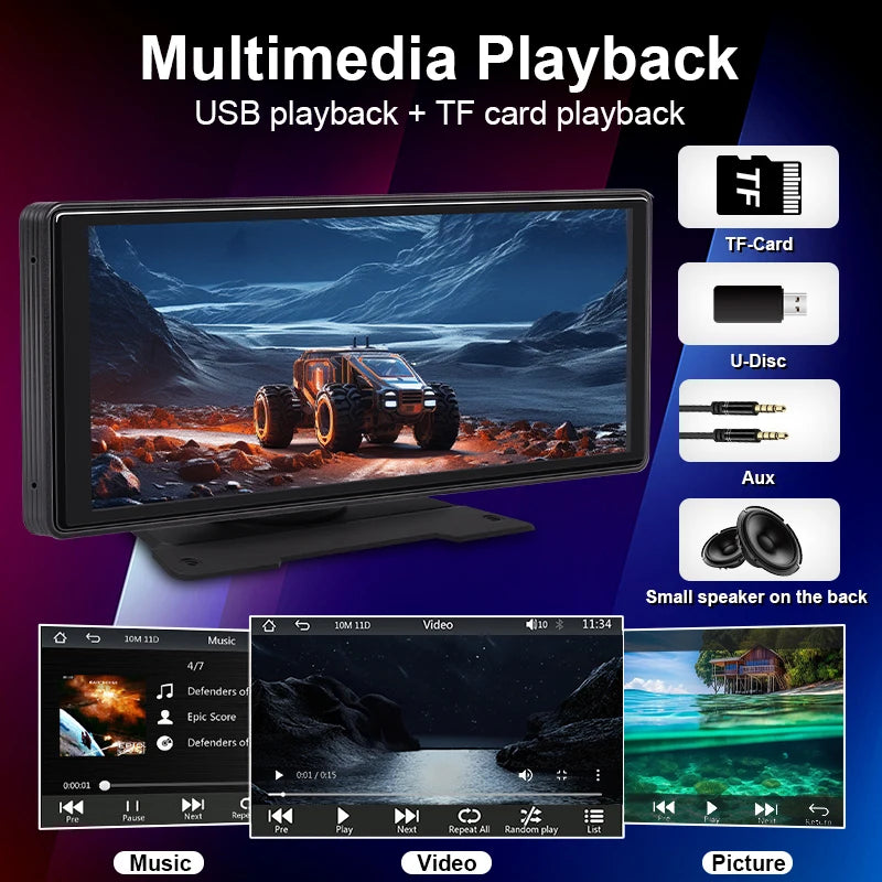 10.26-Inch Car Monitor | Wireless CarPlay & Android Auto | Bluetooth AUX USB | In-Dash Screen