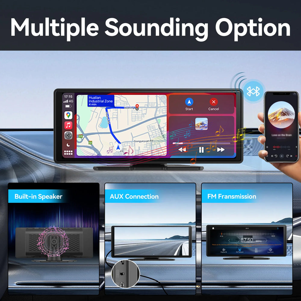 10.26" Portable CarPlay Screen | Wireless Apple CarPlay & Android Auto | Dash Cam | Touch Screen