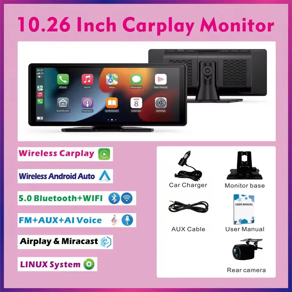 10.26" Wireless CarPlay Screen | Apple CarPlay & Android Auto | Stereo Touchscreen | Dual Cam Option