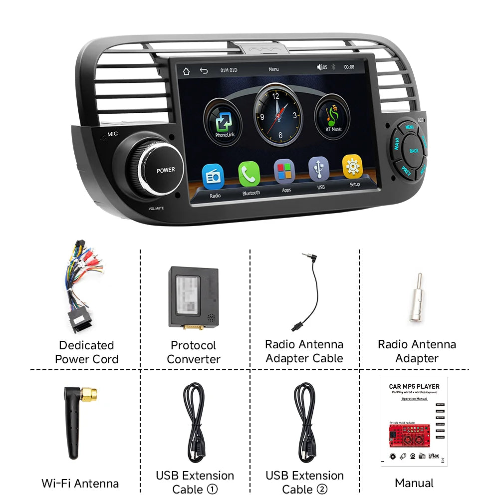 7-Inch CarPlay Car Radio for Fiat 500 & Abarth 2007-2015 | Wireless CarPlay & Android Auto | MP5 Player
