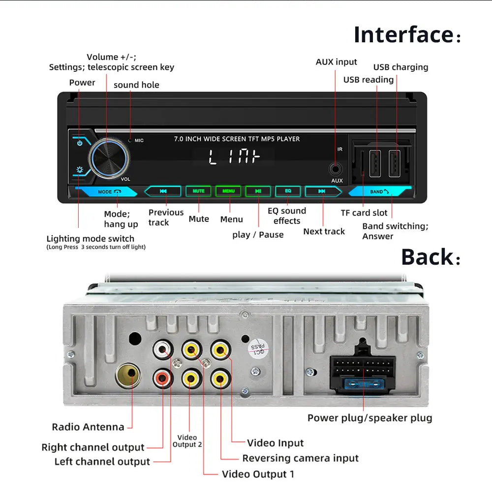 7-Inch Retractable Car Radio | Wireless CarPlay & Android Auto | MP5 Player | Bluetooth FM USB