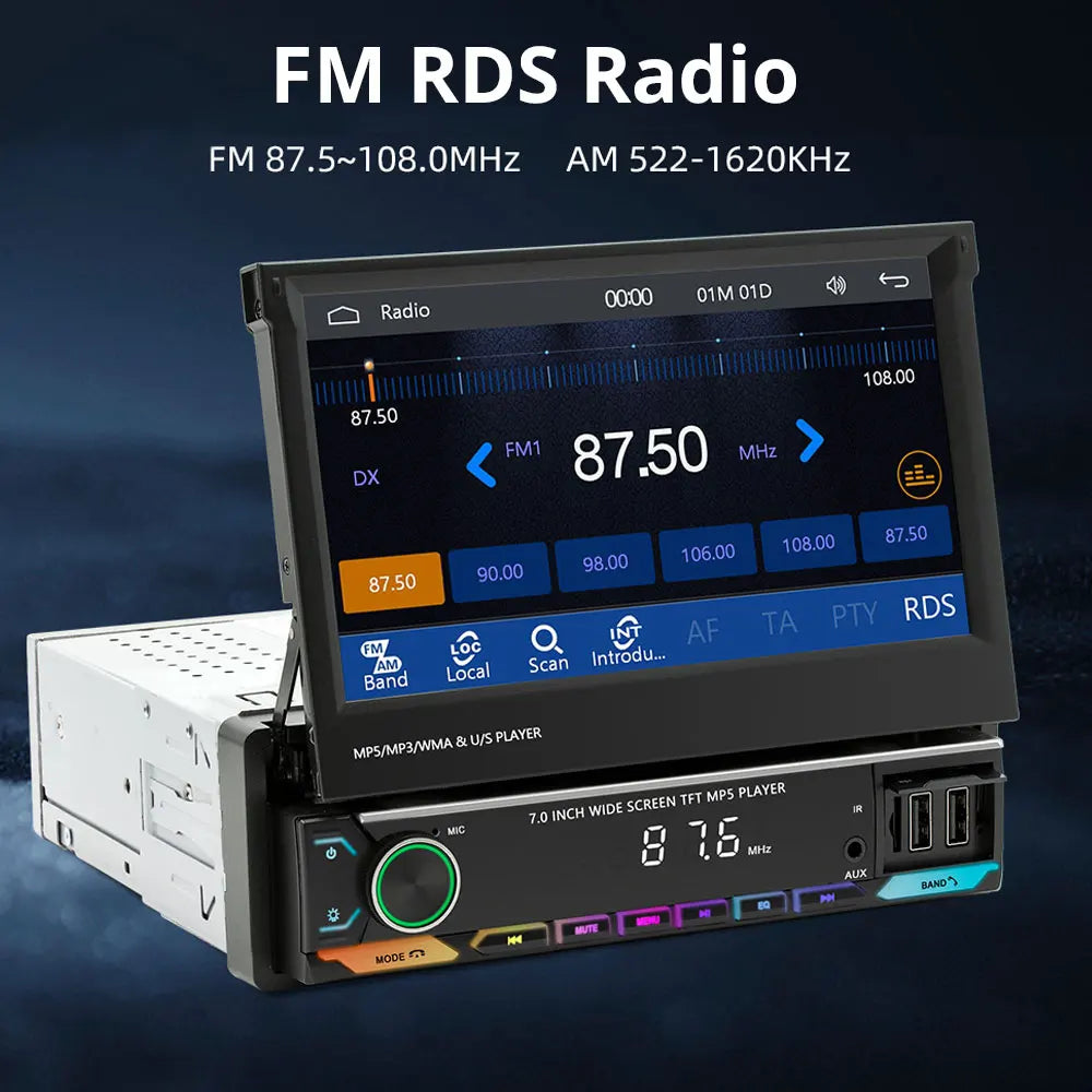 7-Inch Retractable Car Radio | Wireless CarPlay & Android Auto | MP5 Player | Bluetooth FM USB