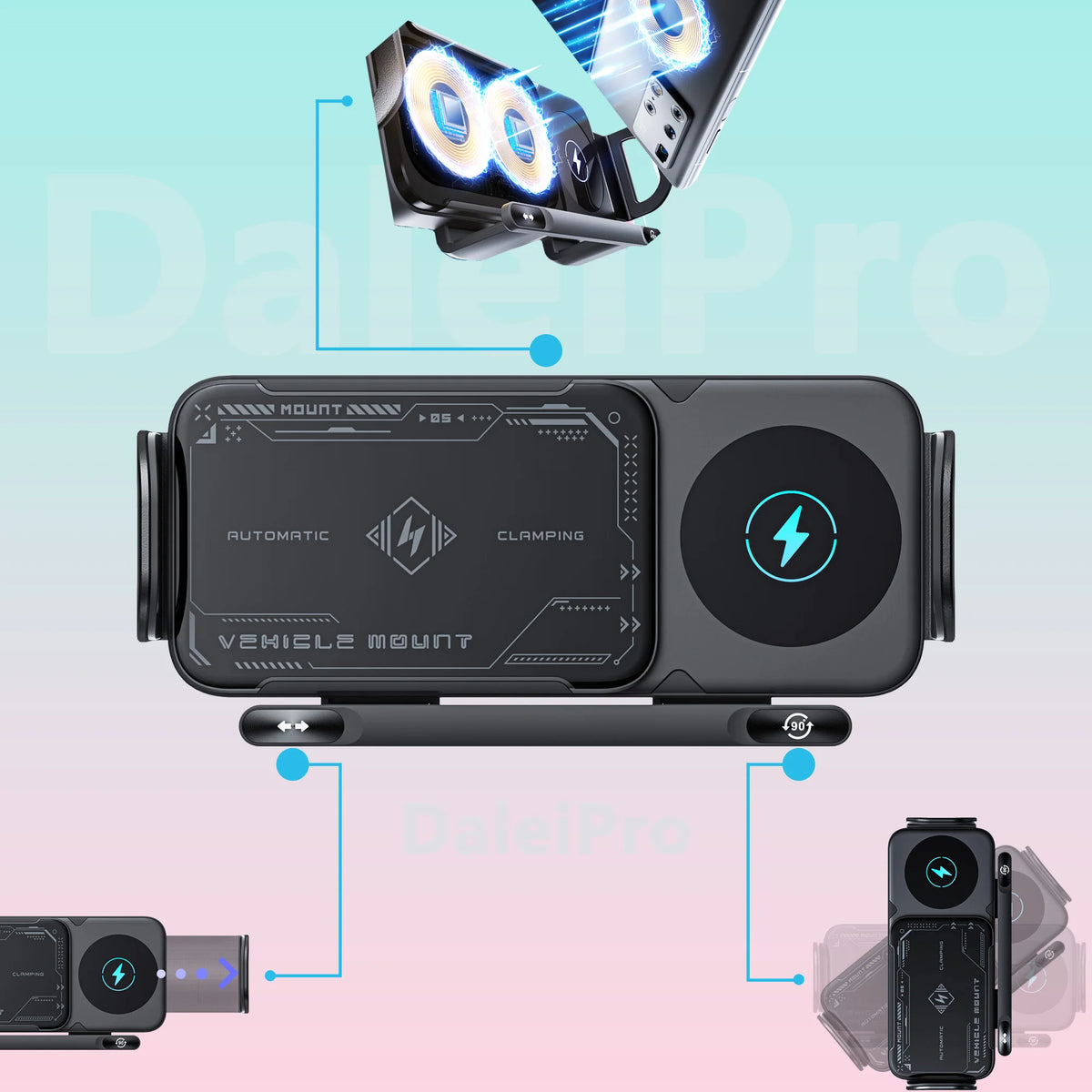 Universal Car Phone Holder with Wireless Charger | 15W Fast Charging | Electric Auto-Rotation | MagSafe | Zonix Lifestyle