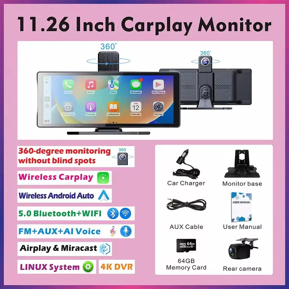 10.26" Portable CarPlay Screen | Wireless Apple CarPlay & Android Auto | Dash Cam | Touch Screen
