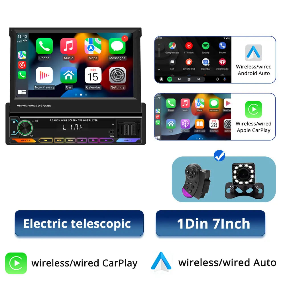 7-Inch Retractable Car Radio | Wireless CarPlay & Android Auto | MP5 Player | Bluetooth FM USB