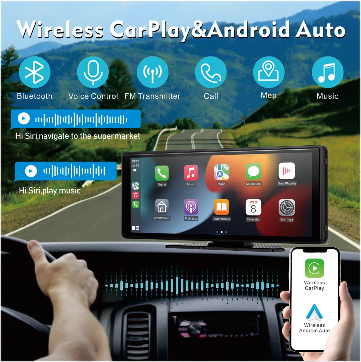10.26" Wireless CarPlay Screen | Apple CarPlay & Android Auto | Stereo Touchscreen | Dual Cam Option