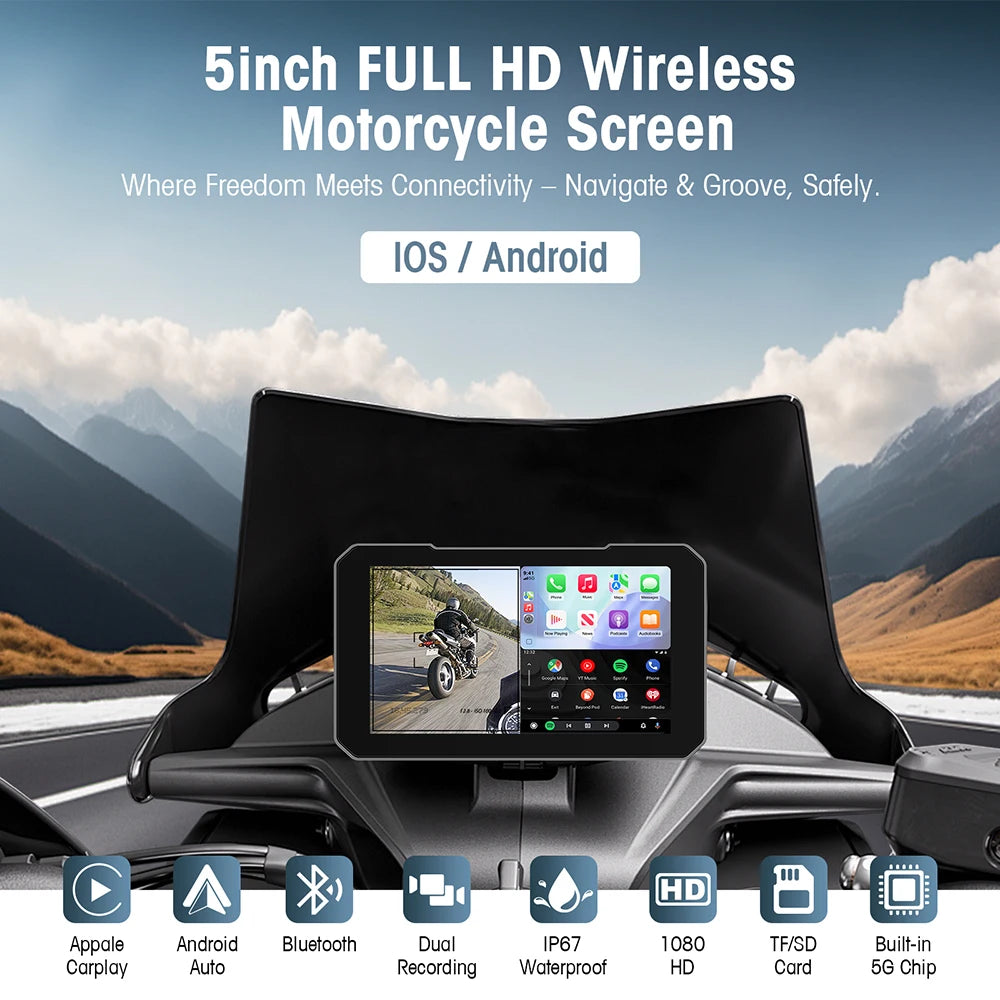 5-Inch Motorcycle CarPlay Screen | Wireless CarPlay & Android Auto | Dual Camera | IPX67 Waterproof