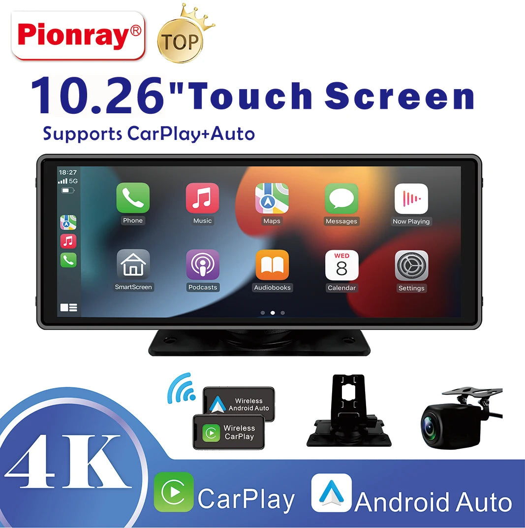 10.26" Portable CarPlay Screen | Wireless Apple CarPlay & Android Auto | Dash Cam | Touch Screen